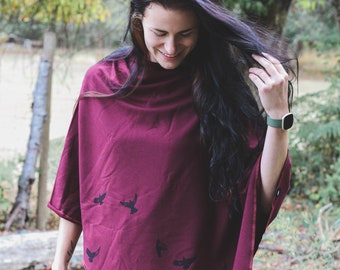 Merlot Tencel Poncho with Birds Print