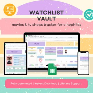 Op de afbeelding: Een kleurrijke afbeelding met de tekst "WATCHLIST VAULT" en de woorden "movies & tv shows tracker for cinephiles". De afbeelding bevat ook afbeeldingen van een spreadsheet, een kalender, een cadeaudoos, een pijl die omhoog wijst en een vinkje.