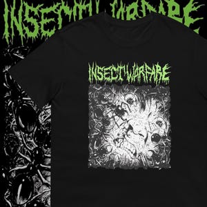 May include: Black t-shirt with a green and white graphic print of a band called "Insect Warfare". The graphic features a close-up of a face surrounded by insects.