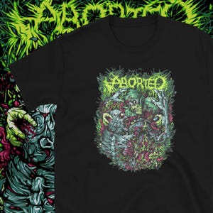 Könnte beinhalten: Schwarzes T-Shirt mit einem grün-schwarzen Grafikdruck einer Kreatur mit dem Wort "ABORTED" in grünen Buchstaben.