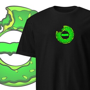 May include: A black t-shirt with a green donut with a bite taken out of it. The donut has white sprinkles and a green filling.