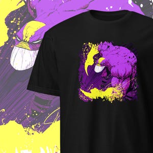 May include: A black t-shirt with a purple and yellow graphic of a muscular figure with a large mouth and teeth. The figure is in a fighting pose with a yellow splash of paint behind it.