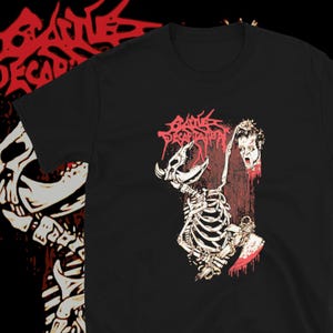 May include: Black t-shirt with a red graphic of a skeleton holding a bloody axe and a severed head with the text "BANE DECAPITATION" in red.