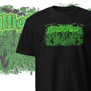 May include: Black t-shirt with a green graphic print of the text "High on Fire" with a skull and bone design.
