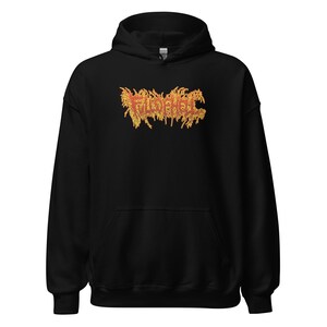 May include: Black hooded sweatshirt with a graphic of the word "Full of Hell" in a dripping, orange and yellow font.
