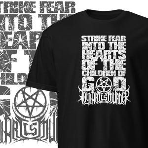 May include: Black t-shirt with a white graphic print that reads "Strike Fear Into The Hearts Of The Children Of God" with a pentagram symbol and the band name "Mayhem" below it.