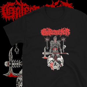 May include: Black t-shirt with a red graphic of a skeleton figure holding a weapon and standing on a skull. The text "CONQUEROR" is written in red above the figure.