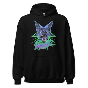 May include: Black hooded sweatshirt featuring a graphic print of a bat with glowing green and purple accents. The text "Parawolf" is printed below the bat.