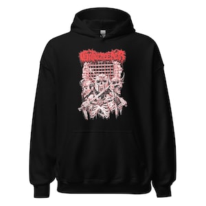 May include: Black hooded sweatshirt with a red graphic print of a band logo, "Entombed", and a skull with crossed swords.