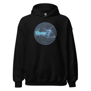May include: Black hooded sweatshirt with a blue and green graphic of a fish with the word "Sleep" in a circle.