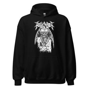 May include: Black hooded sweatshirt with a white graphic of a skeleton wearing a crown and draped in chains. The word "FELLATION" is printed above the graphic in a stylized font. The sweatshirt has a drawstring hood and a front pocket.