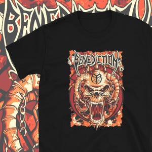 May include: Black t-shirt with an orange and red graphic print of a skull with horns and the text "Benediction" above it.
