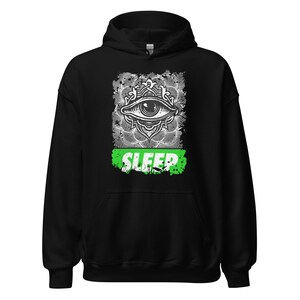 May include: Black hoodie with a white graphic of an eye inside a mandala with the word "SLEEP" in green below it.