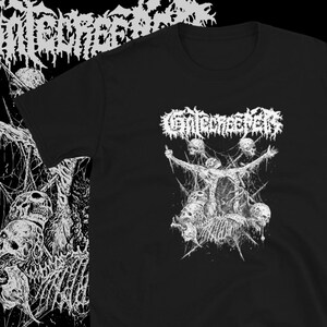 May include: Black t-shirt with a white graphic print of a skeletal figure surrounded by skulls and the text "CEMETERYVOID".