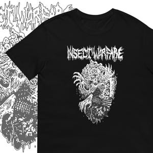 May include: Black t-shirt with a white graphic of a monster with the text "Insect Warfare" above it.