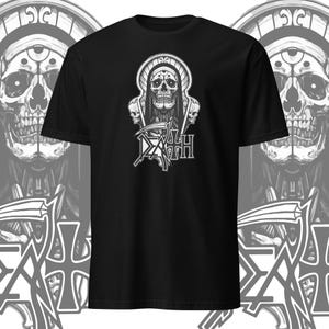 May include: Black t-shirt with a white graphic of a skull wearing a hooded robe and holding a scythe. The text "DEATH" is below the skull.