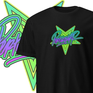 May include: Black t-shirt featuring a green, yellow and purple star design. The star has the word "Papaya" written inside it.