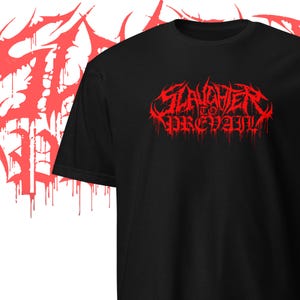 Könnte beinhalten: Schwarzes T-Shirt mit einem roten Aufdruck der Band "Slaughter to Prevail".