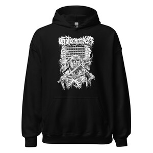 May include: Black hooded sweatshirt with a white graphic print of a skeleton with multiple skulls and swords. The text "GUTTERWRECKER" is printed above the graphic.