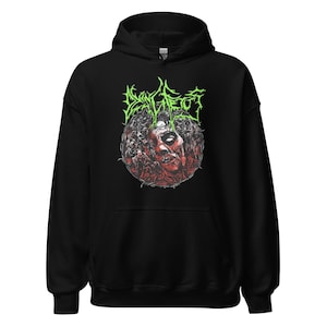 May include: Black hooded sweatshirt with a green and white graphic print of a skull surrounded by a crowd of people. The text "INVICTUS" is printed above the skull.