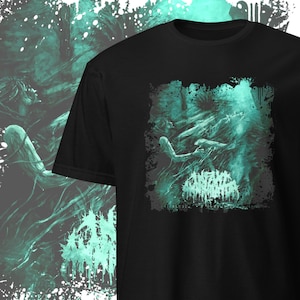 May include: Black t-shirt with a green and white graphic print of a forest scene with the text "GHOST BATH" in the bottom center.