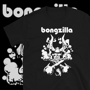 May include: Black t-shirt with a white graphic of a cartoon character with a beard and horns, smoking a pipe. The text "bongzilla" is printed above the character.