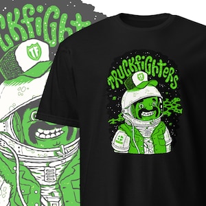May include: Black t-shirt with a green graphic of an astronaut wearing a helmet with the text "Truckfighters" above it.