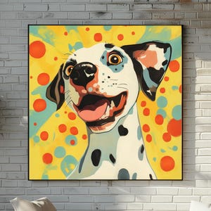 Spotted Dog Illustration, Colorful Happy Dog Wall Art, Funny Pet Portrait Print, Playful Dog Lover Gift, Dog Home Decor DIGITAL jpg svg pdf