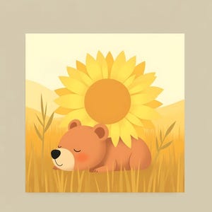 Baby Bear Sleeping Art, Sunflower Field Nursery Print, Baby Room Decor, Baby Shower Gift, Gender Neutral Wall Art, DIGITAL DOWNLOAD