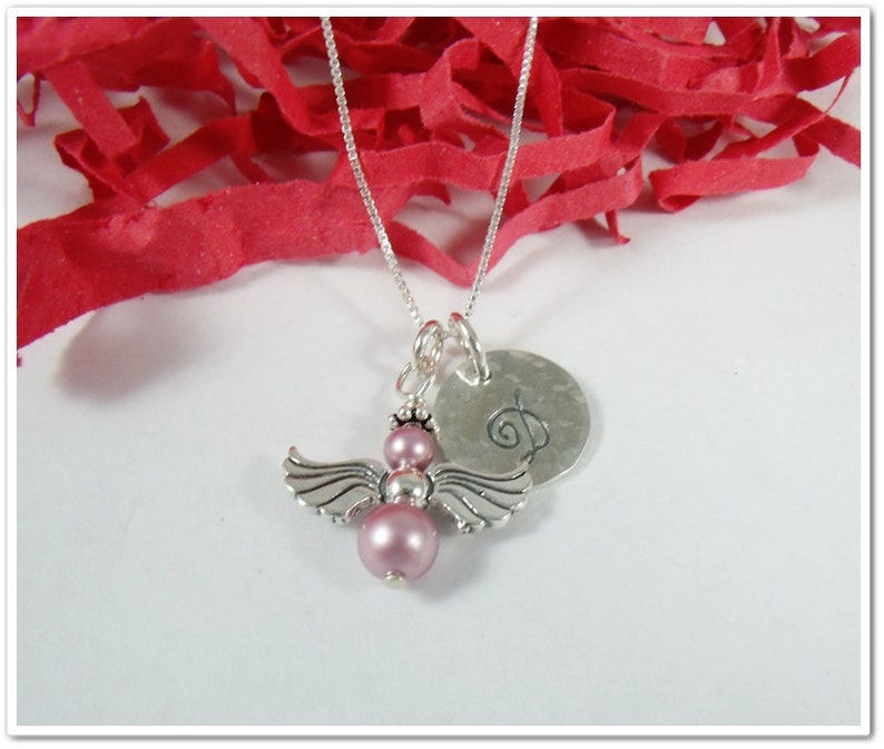 Sterling Silver and Pearl Guardian Angel Necklace Personalized Memorial Necklace Remembrance Jewelry Initial Angel Necklace