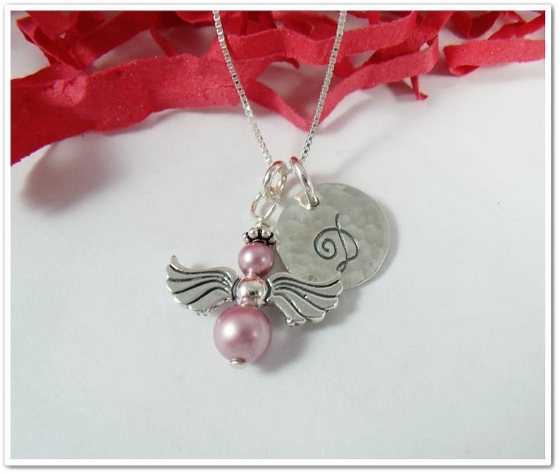 Sterling Silver and Pearl Guardian Angel Necklace Personalized Memorial Necklace Remembrance Jewelry Initial Angel Necklace