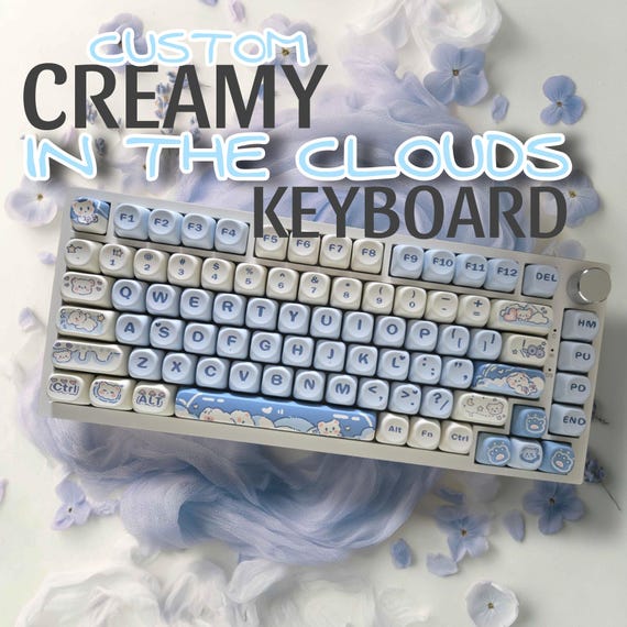 In the Clouds Creamy *Wired Keyboard with knob and LED and Cute Bear themed MOA Keycaps