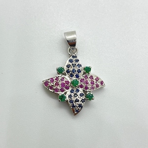 Emerald with Ruby, Sapphire Pendant In 92.5 Sterling Silver