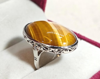 Sterling Silver Tiger Eye Ring : Handmade Oval Gemstone