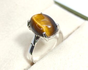 Sterling Silver Tiger Eye Ring : Handmade Oval Gemstone