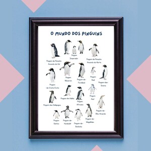 Pedagogisk poster med pingviner på portugisisk version | Montessori-naturväggkonst för barnrum | Digital nedladdning