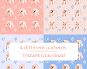 May include: Four different patterns featuring polar bears and snowflakes on pink, light blue, and white backgrounds. The text "4 different patterns" and "Instant Download" are displayed in a white rounded rectangle.