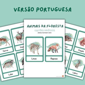 Version portugaise Animaux de la forêt Cartes-éclair Montessori en 3 parties : activité éducative pour les tout-petits et les enfants d'âge préscolaire