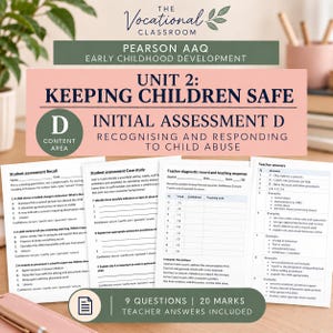 Peut inclure: Document éducatif intitulé The Vocational Classroom Pearson AAQ Early Childhood Development Unit 2 Keeping Children Safe Initial Assessment D. Comprend des feuilles d'évaluation pour les élèves, une étude de cas et les réponses des enseignants.
