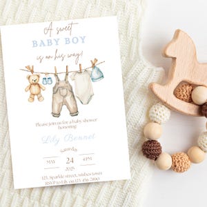 Invito per baby shower per bambino, invito per baby shower con stendibiancheria, invito per baby shower boho, un dolce invito per bambino, modello modificabile, invito stampabile