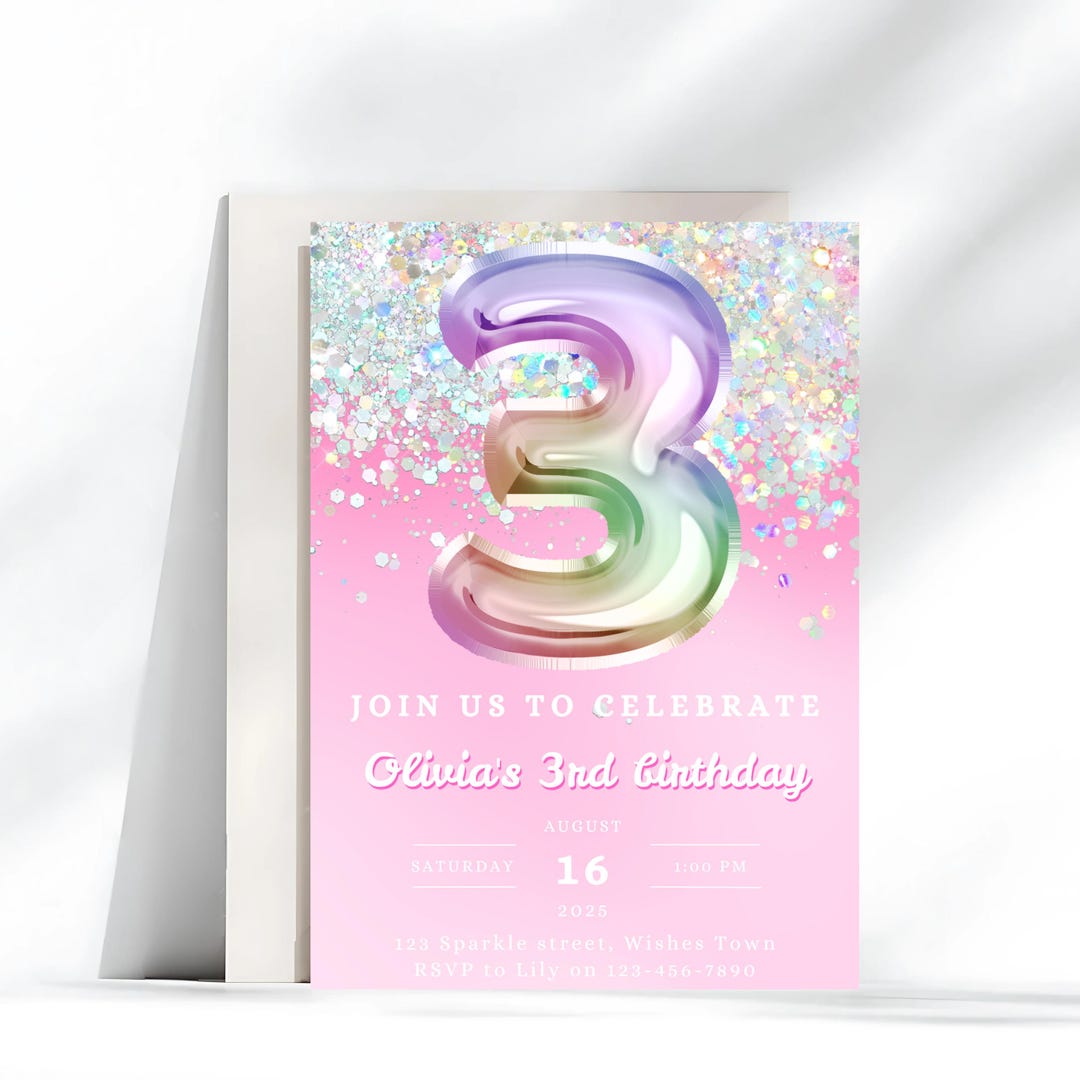 Editable Pink 3rd Birthday Invitation Template, Glitter Birthday Party ...
