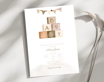 Minimalist Baby Shower Invitation, Boho Baby Shower Invite, Beige Invite, Gender Neutral Baby Shower, Editable Template, Printable Invite