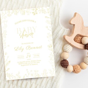Invitación a baby shower toile de jouy amarillo, invitación a baby shower chinoiserie, diseño toile de jouy, invitación floral, plantilla editable, imprimible