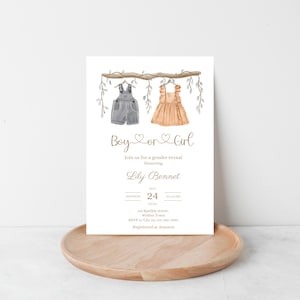 Faire-part de révélation de genre bohème, invitation de révélation de sexe modifiable, téléchargement immédiat de vêtements de bébé vintage, téléchargement de révélation de sexe, invitation de bébé neutre