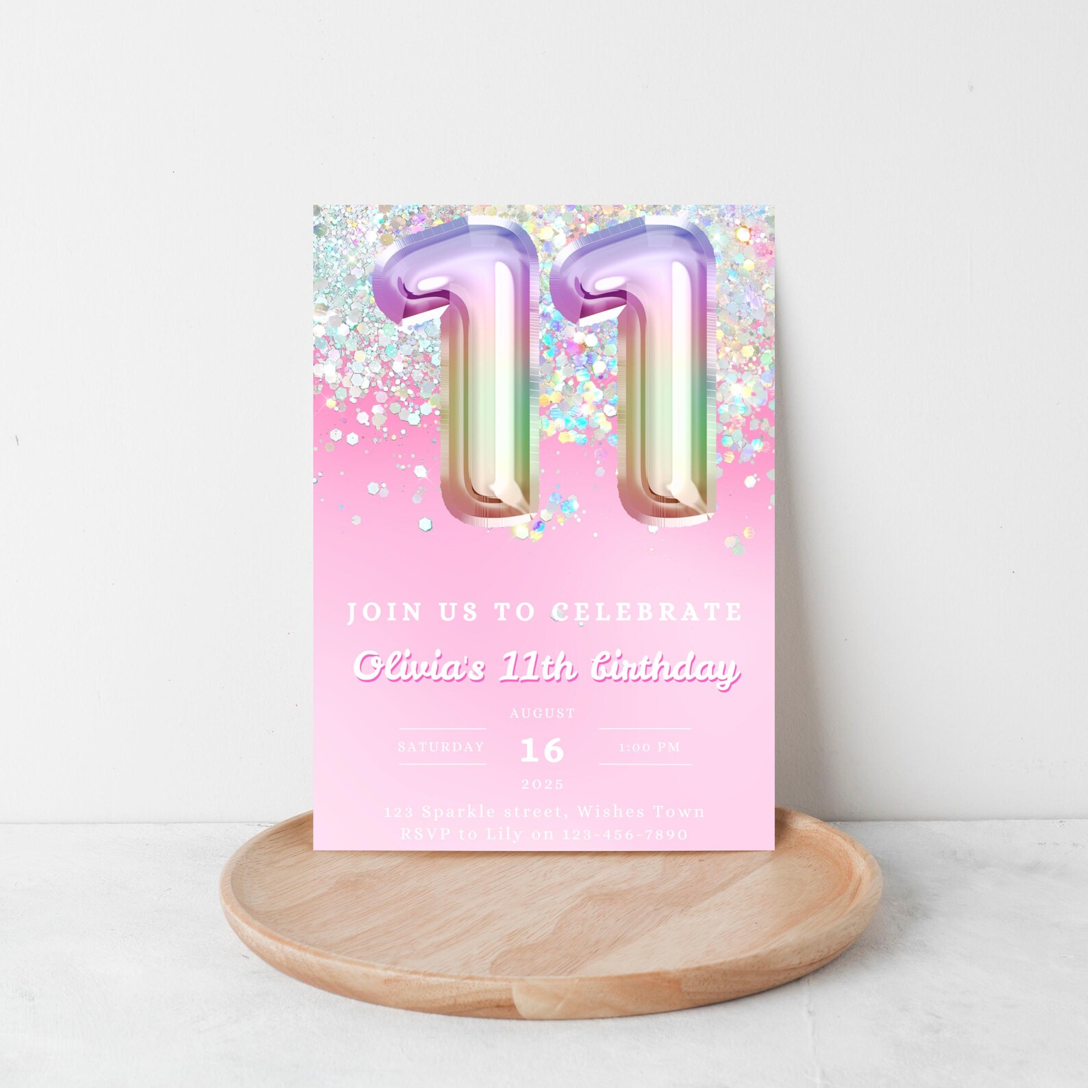 Editable Pink 11th Birthday Invitation Template, Glitter Birthday Party ...