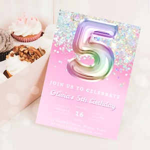 Editable Pink 5th Birthday Invitation Template, Glitter Birthday Party Invite, Rainbow Foil Girl 5th Birthday, Editable & Printable invite