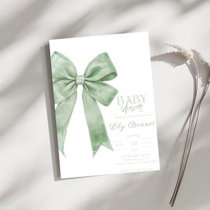 Groene strik babyshower uitnodiging sjabloon afdrukbaar, genderneutraal, groene coquette babyshower uitnodiging, bewerkbare sjabloon, afdrukbare uitnodiging