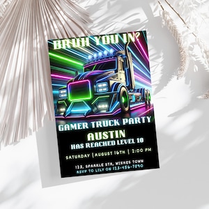 Video Game Truck Birthday Invitation, Any Age Invite, Neon Gamer Party, Digital Invite, Printable Bday Card, Editable & Printable invite