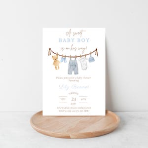 Jongen babyshower uitnodigen, waslijn babyshower uitnodiging, boho babyshower uitnodiging, een lieve jongen uitnodigen, bewerkbare sjabloon, afdrukbare uitnodiging