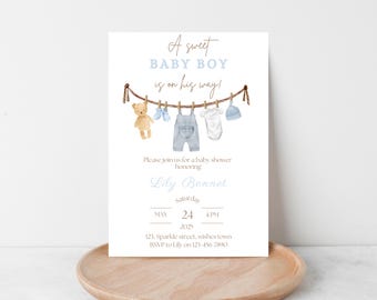 Boy baby shower invite, clothesline baby shower invite, boho baby shower invite, a sweet boy invite, editable template, printable invite